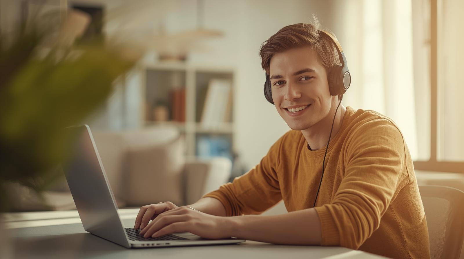 How Music Licensing Shapes the Digital Atmosphere of the Best Online Casinos in Europe Smiling man with headphones playing online casino at home in daylight - How Music Licensing Shapes the Digital Atmosphere of the Best Online Casinos in Europe