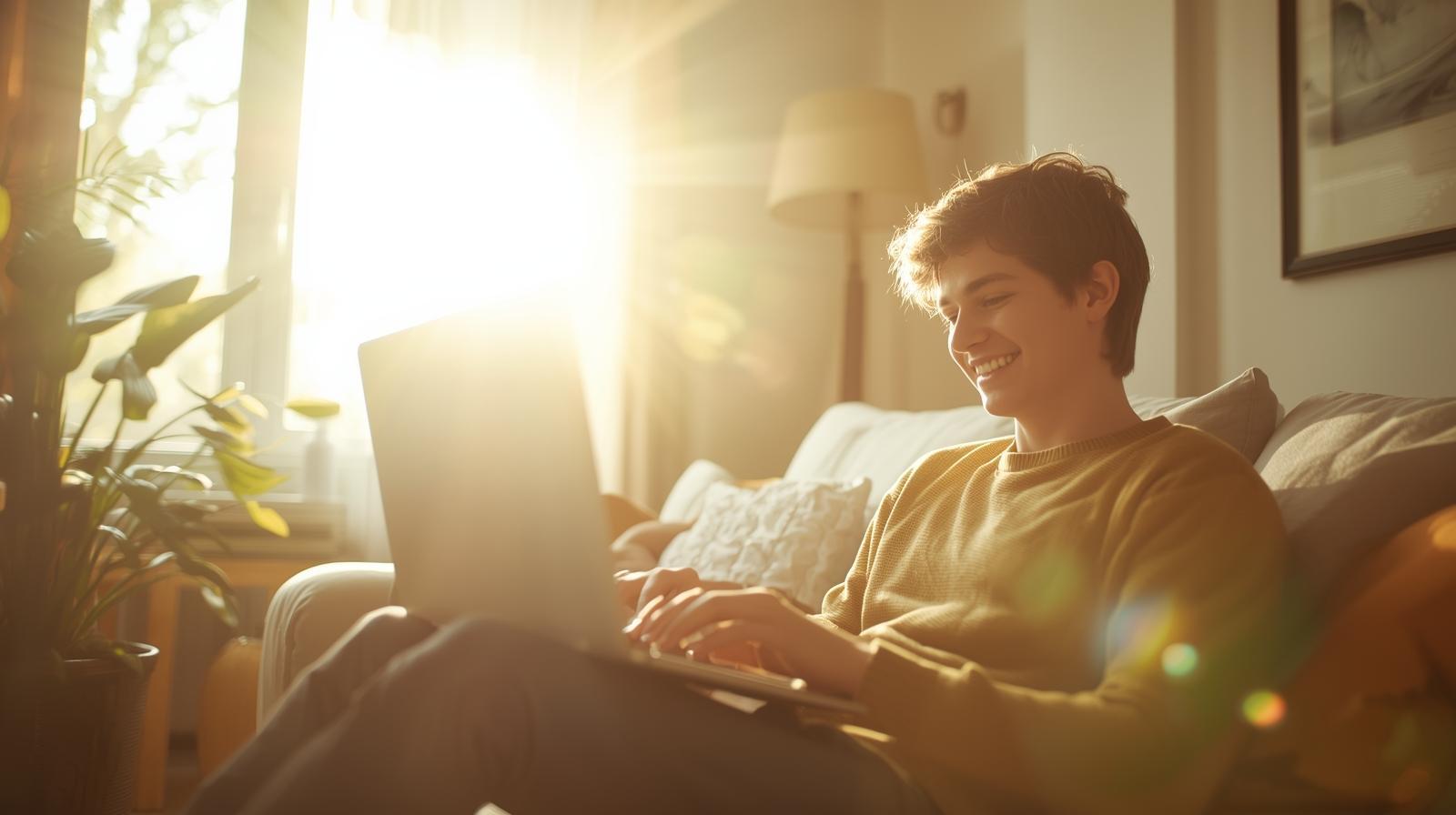 The Soundtrack of Fortune: How Music Influences Winning Streaks in Slots Online Young adult smiling at home while playing online slots on blurred laptop - The Soundtrack of Fortune: How Music Influences Winning Streaks in Slots Online