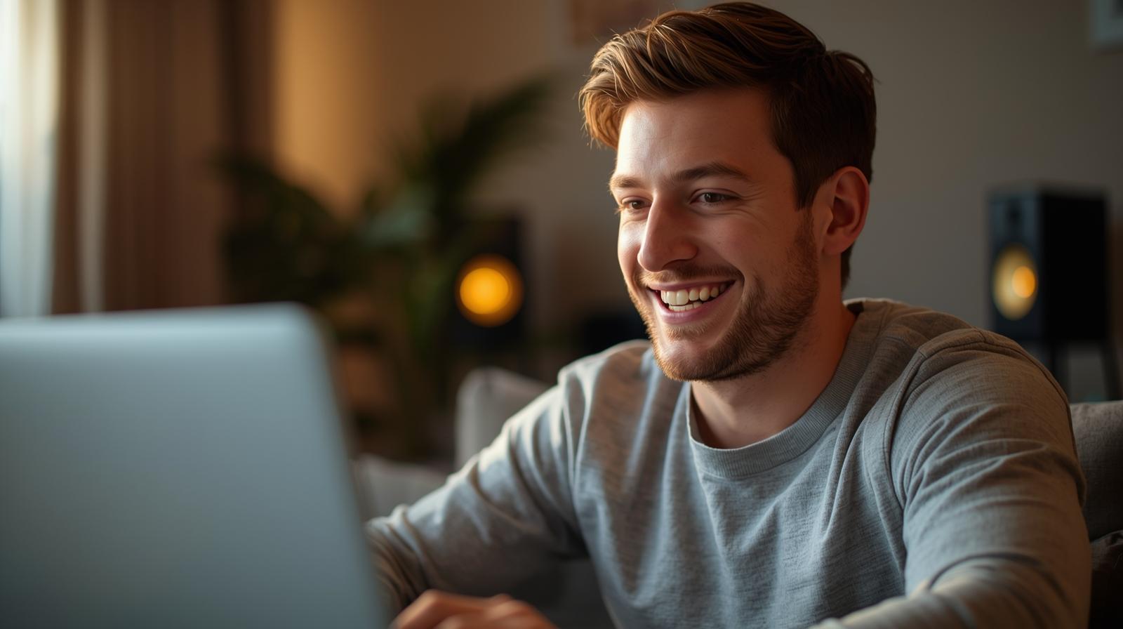 The Hidden Harmony Behind the Reels: How Soundtracks in Demo Slots Amplify Player Excitement Happy man playing online casino on laptop bright room blurred screen smiling confidently - The Hidden Harmony Behind the Reels: How Soundtracks in Demo Slots Amplify Player Excitement