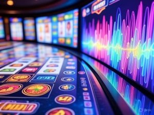 slot game interface with sound waves pulsing from the screen 300x225 - Spinning to the Beat: How Music Shapes the Thrill of Slot Games
