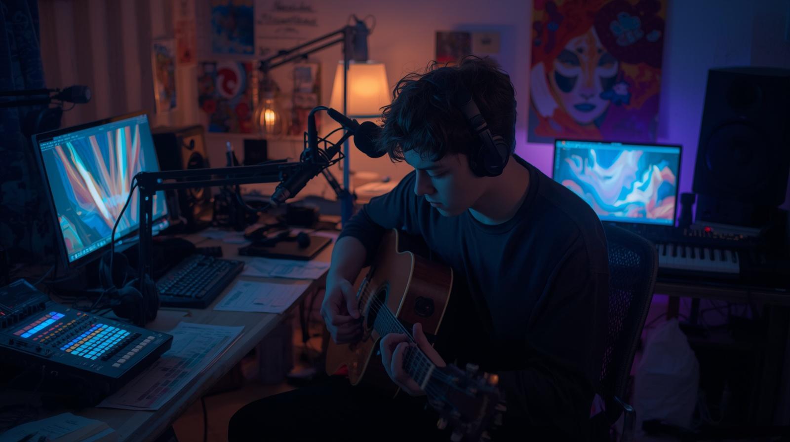 Rooli Casino Australia Communities Spark New Opportunities for Indie Musicians Seeking Loyal Fans Indie musician creates casino inspired music beside glowing laptop and colorful recording equipment - Rooli Casino Australia Communities Spark New Opportunities for Indie Musicians Seeking Loyal Fans